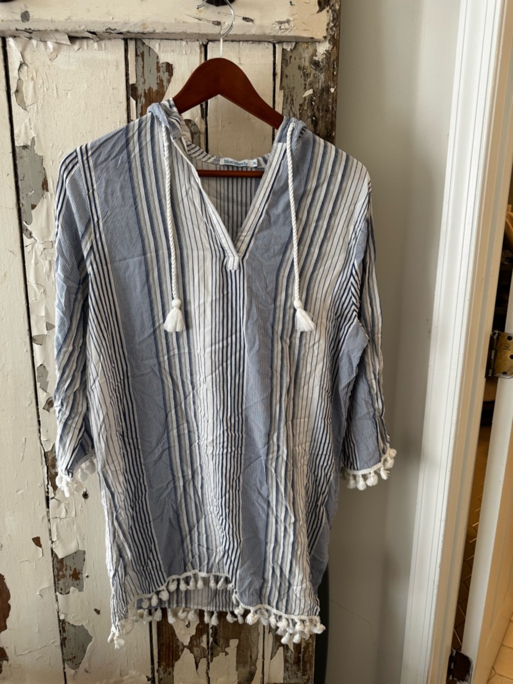 blue island Blue and White Striped Hooded Tunic